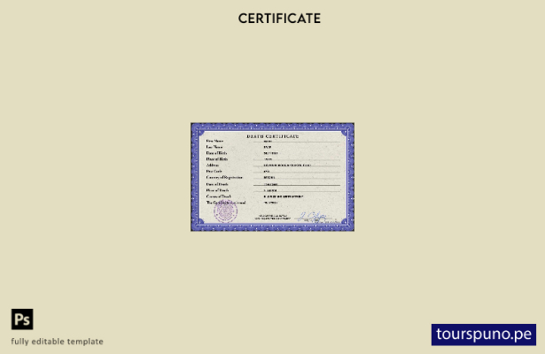 listo para imprimir plantilla PSD de certificado de defunción de Estonia